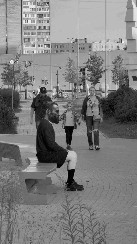 gigachad, 1nas, bench, black and white, caca, city, closed mouth, couple, extremely high effort, flip