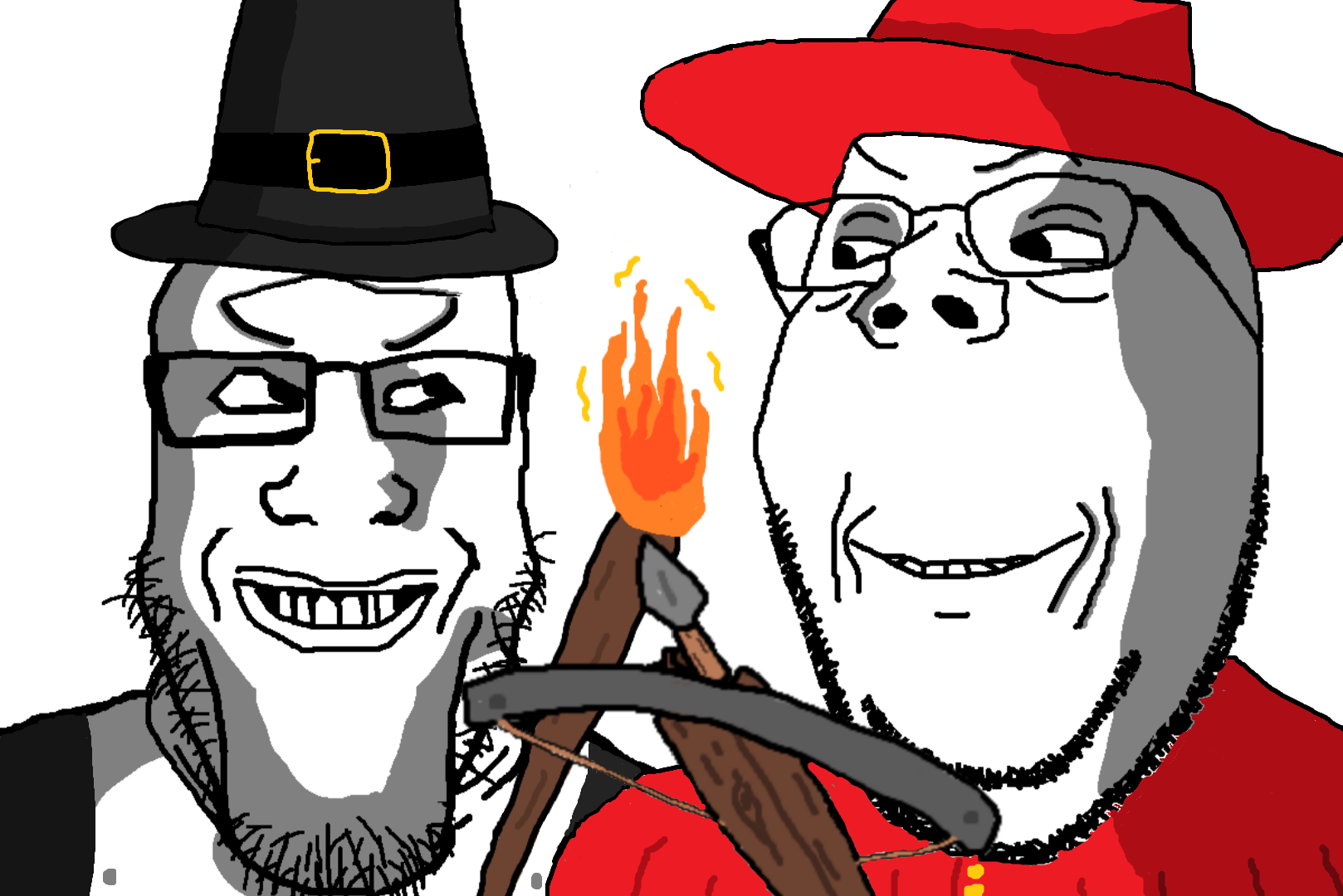 gapejak, markiplier soyjak, wholesome soyjak, are you soying what im soying, 2soyjaks, bald, black eyes, clothes, cowboy hat, crossbow