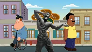 cleveland brown, gigachad, joe swanson, my very best friends, and it never ends, black eyes, black hair, closed mouth, drawn background, front view