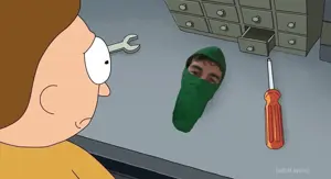 morty smith, balaclava, black eyes, brown hair, brown skin, clothes, drawn background, face mask, front view, hair