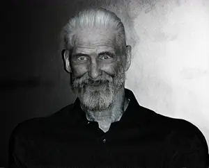 der coomer, gigachad, old gigachad, beard, black shirt, closed mouth, clothes, ear, front view, gray eyes