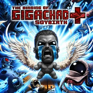 gigachad, beard, blue background, buff, cartoonishly exaggerated, crying, fire, glowing eyes, gray skin, hair