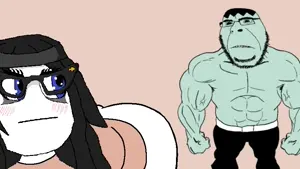 soytan, cobson, hornyson, 1soyjak, almost full body, biting lip, black eyes, black hair, blue eyes, blush