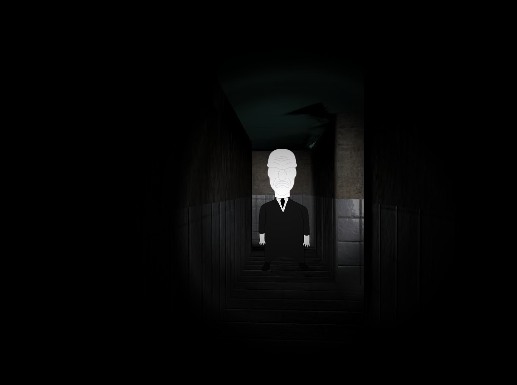 slenderman, disgusting trevorcreature, scary slendertrevor, angry, bald, black suit, building, closed mouth, clothes, dark