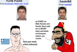 happy merchant, cobbert, cobbertaryan, 1soyjak, beard, big nose, black hair, blue eyes, brown skin, bushy eyebrows
