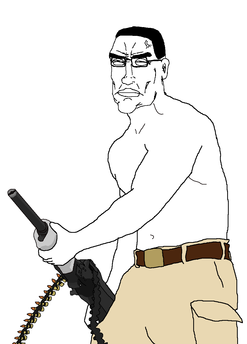 chudjak, perceptive chud, 1soyjak, ammo, ammo belt, angry, belt, black eyes, black hair, buff