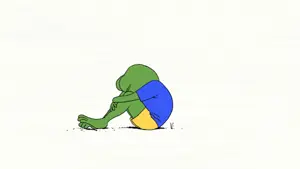 pepe, amphibian, animal, animated, big lips, black eyes, blue shirt, butterfly, closed mouth, clothes