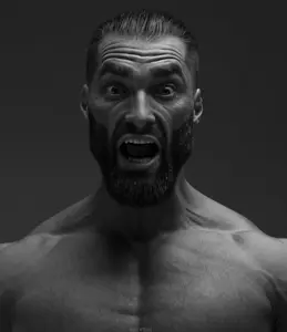 gigachad, beard, black and white, black eyes, black hair, bombiya bombogay, buff, driving, front view, gray skin