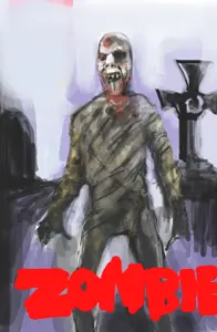 romanian schizo, cobson, almost full body, bald, bandage, blue sky, corpse, decayed, drawn background, fog