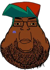 esl fnf pedo, chudjak, markiplier soyjak, chudplier, fat chudplier, slopjak, 1soyjak, beard, black eyes, blue hair