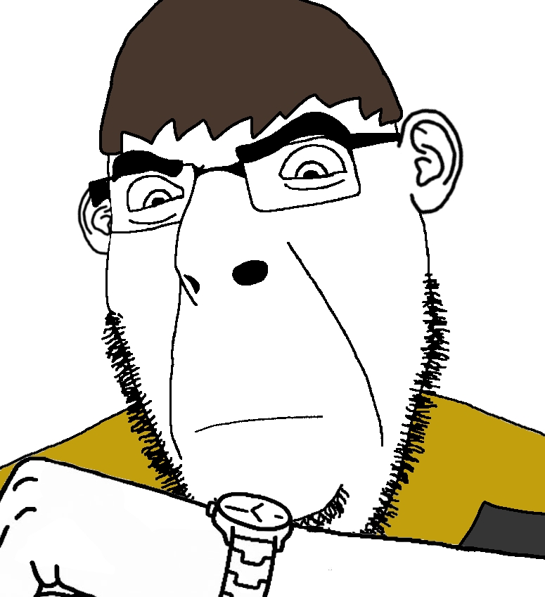 lars, cobson, angry, brown hair, clock, closed mouth, ears, fat, front view, glasses