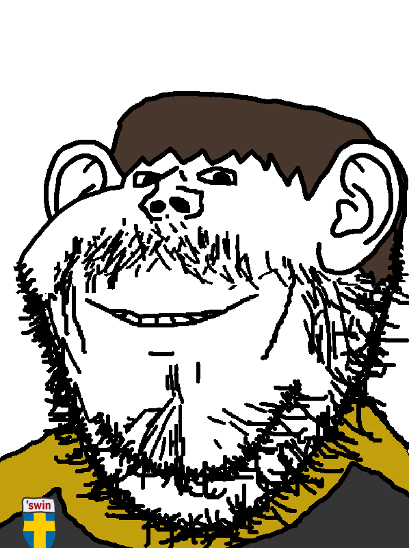 lars, gapejak, impish soyak ears, ishish soyak ears, mustached gapejak, 1soyjak, beard, black eyes, bowl cut, brown hair