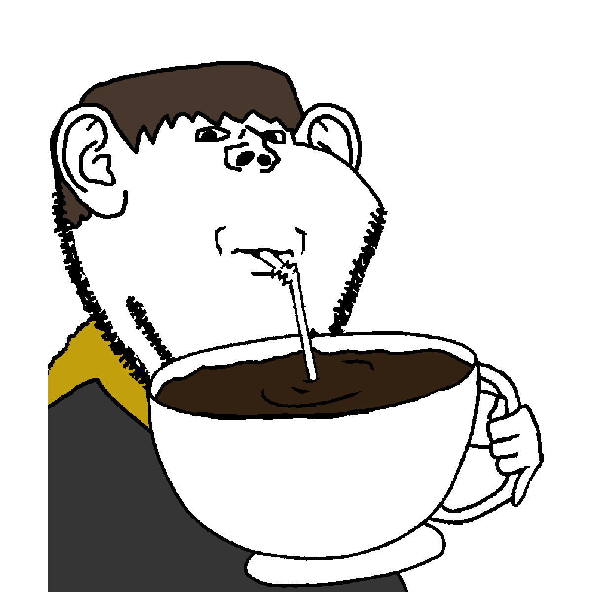 lars, impish soyak ears, black eyes, brown hair, closed mouth, drink, drinking, drinking straw, fat, hair