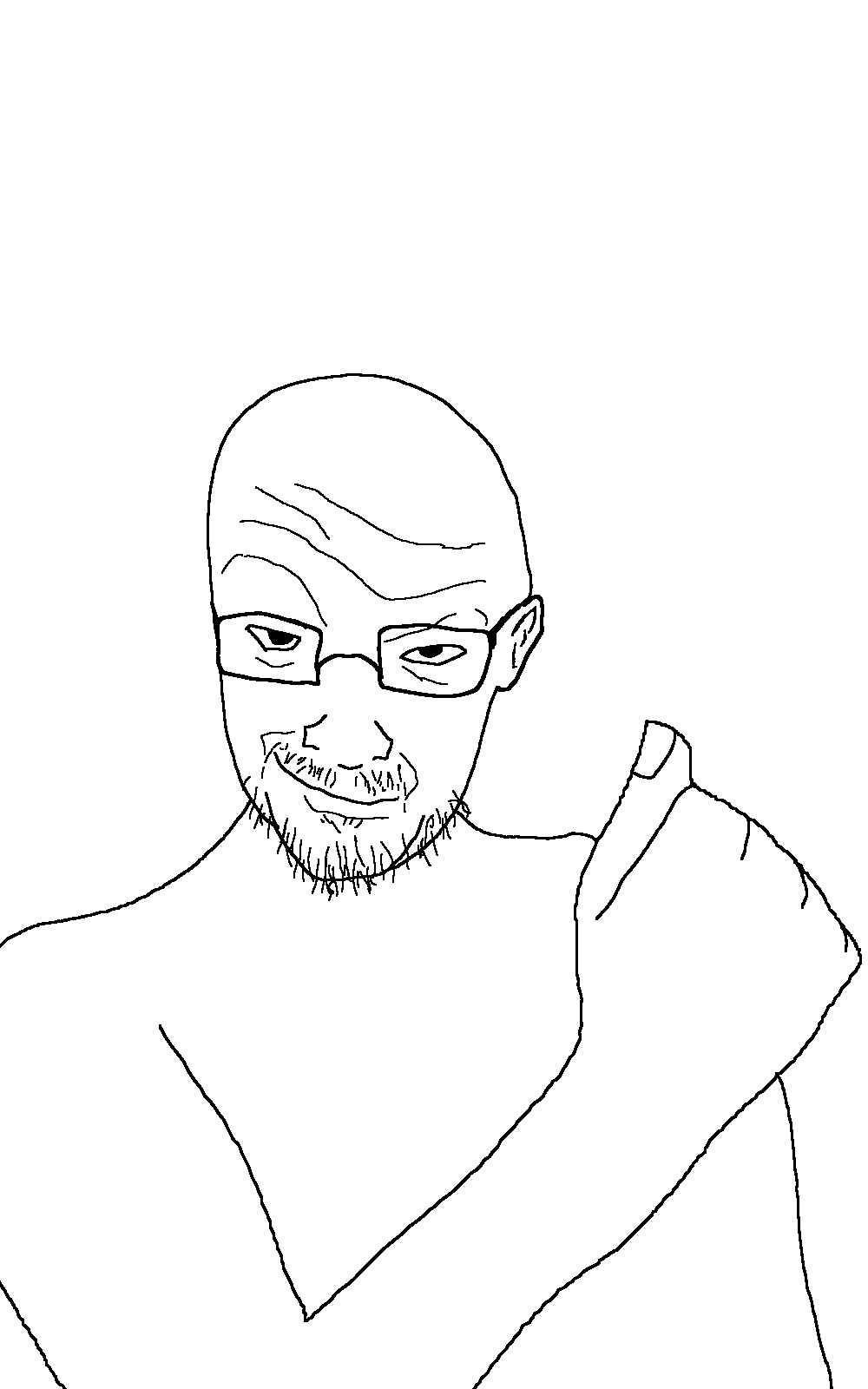 darkjak, 1soyjak, bald, black eyes, closed mouth, coaloween, forehead lines, front view, glasses, half body
