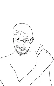 darkjak, 1soyjak, bald, black eyes, closed mouth, coaloween, forehead lines, front view, glasses, half body