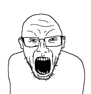 el perro salvaje, 1soyjak, angry, bald, black eyes, forehead lines, front view, glasses, looking at you, open mouth