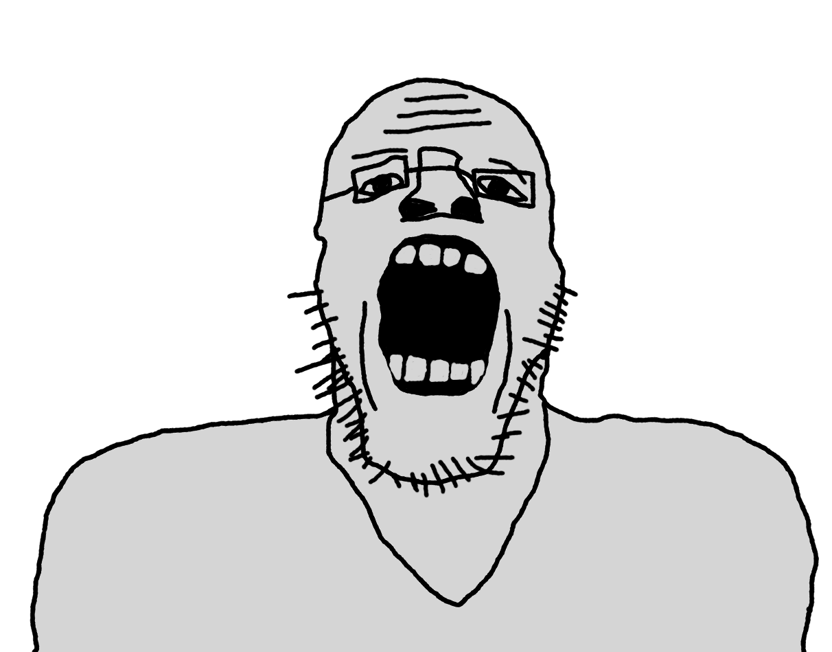 unknown, 1soyjak, bald, black eyes, buff, front view, gape, gaping mouth, glasses, looking at you