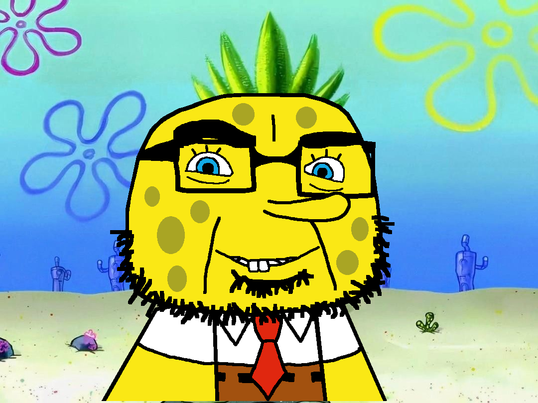 spongebob squarepants, cobson, olgolstein, 1soyjak, arm, bald, blue eyes, brown pants, buck teeth, cartoon