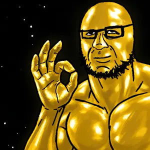 pearljak, 1soyjak, aura, bald, black background, black eyes, buff, closed mouth, front view, glasses