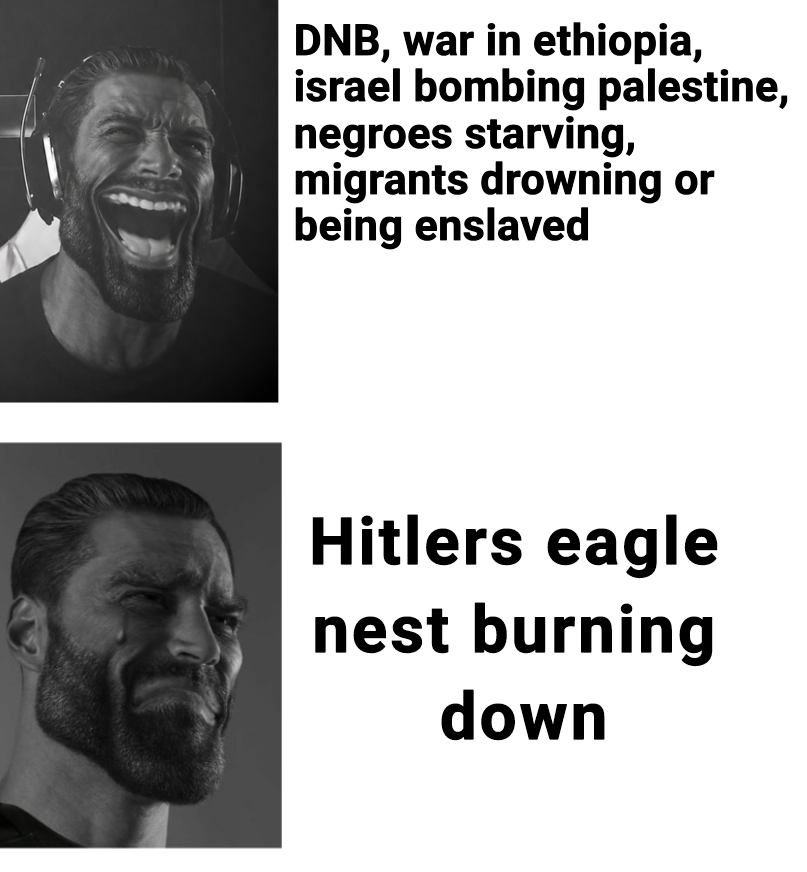 gigachad, adolf hitler, beard, black hair, buff, burning, closed mouth, crying, dnb, front view