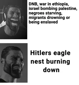 gigachad, adolf hitler, beard, black hair, buff, burning, closed mouth, crying, dnb, front view