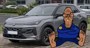 markiplier soyjak, euromutt, eurosmug, euromutt, 1soyjak, blue shirt, brown skin, car, european union, full body