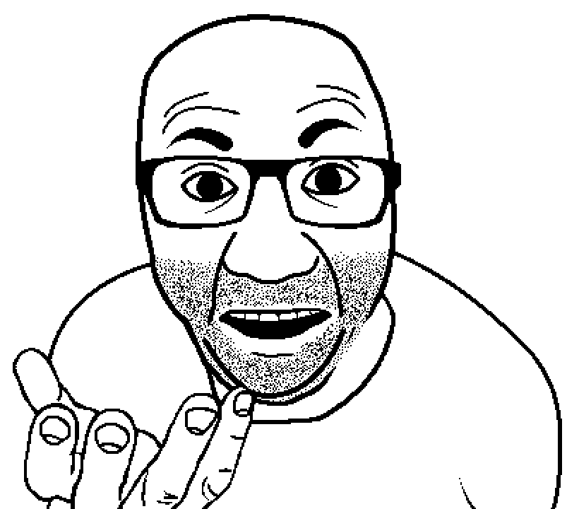 el perro rabioso, 1soyjak, bald, black eyes, clothes, eyebrows, fingernails, forehead lines, front view, glasses