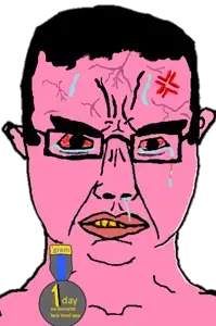 chudjak, 1soyjak, angry, award, badge, black hair, bloodshot eyes, chud, crying, ears