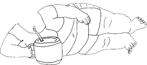 drink, fat, full body, mug, sitting, transparent background, uncolored skin