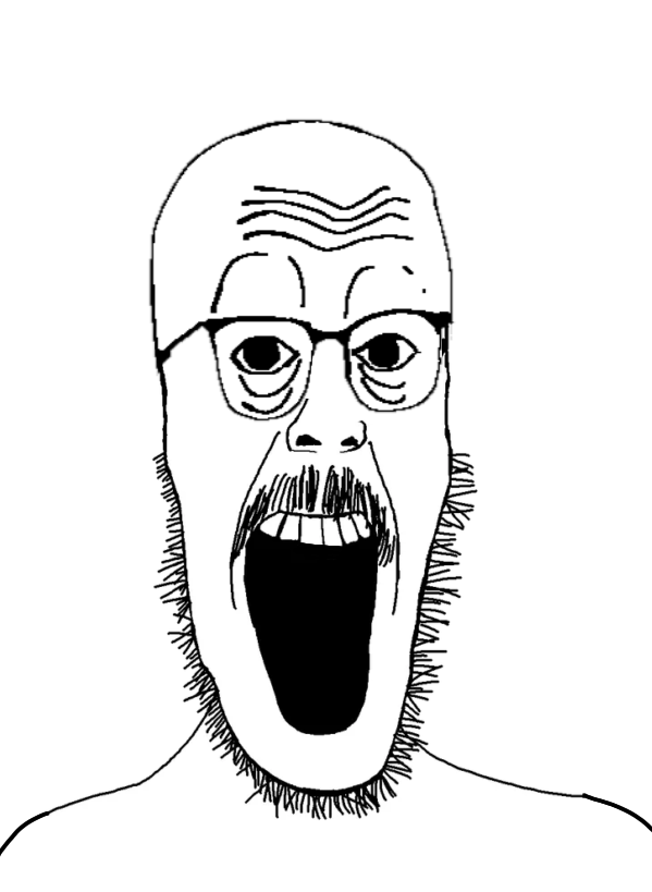 beastjak, cobbert, fusionjaks, 1soyjak, bald, black eyes, eyebrows, front view, glasses, laughing