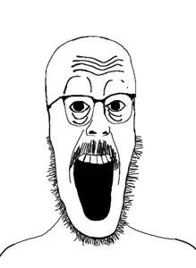 beastjak, cobbert, fusionjaks, 1soyjak, bald, black eyes, eyebrows, front view, glasses, laughing