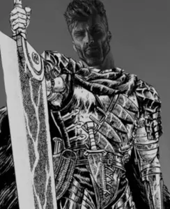 gigachad, guts, pepe, armor, body armor, buff, dagger, ear, front view, gray background
