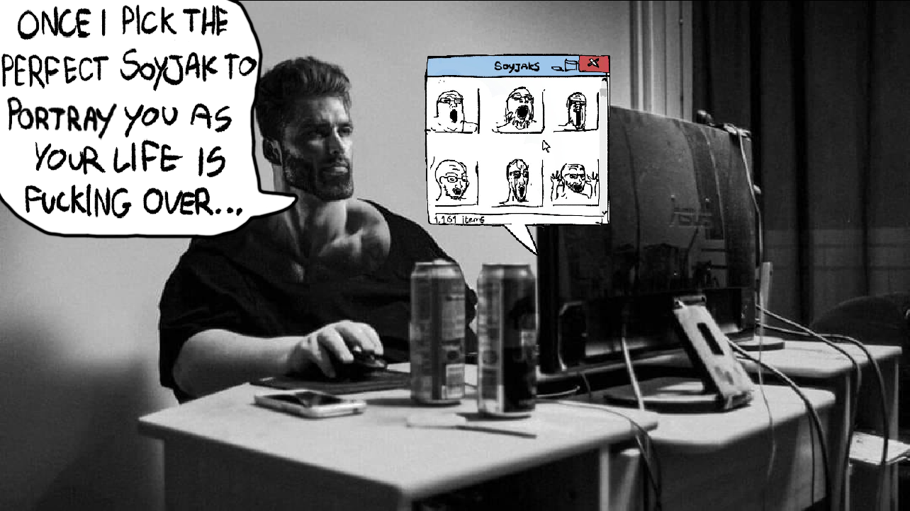 gigachad, a24 slowburn soyjak, excited soyjak, gapejak, markiplier soyjak, soyak, tony soprano soyjak, computer, crying, duel