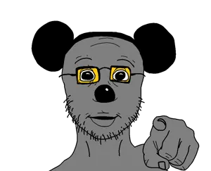 mickey mouse, mousejak, 1soyjak, bald, big pupils, black eyes, communiaryan, finger, forehead wrinkles, front view
