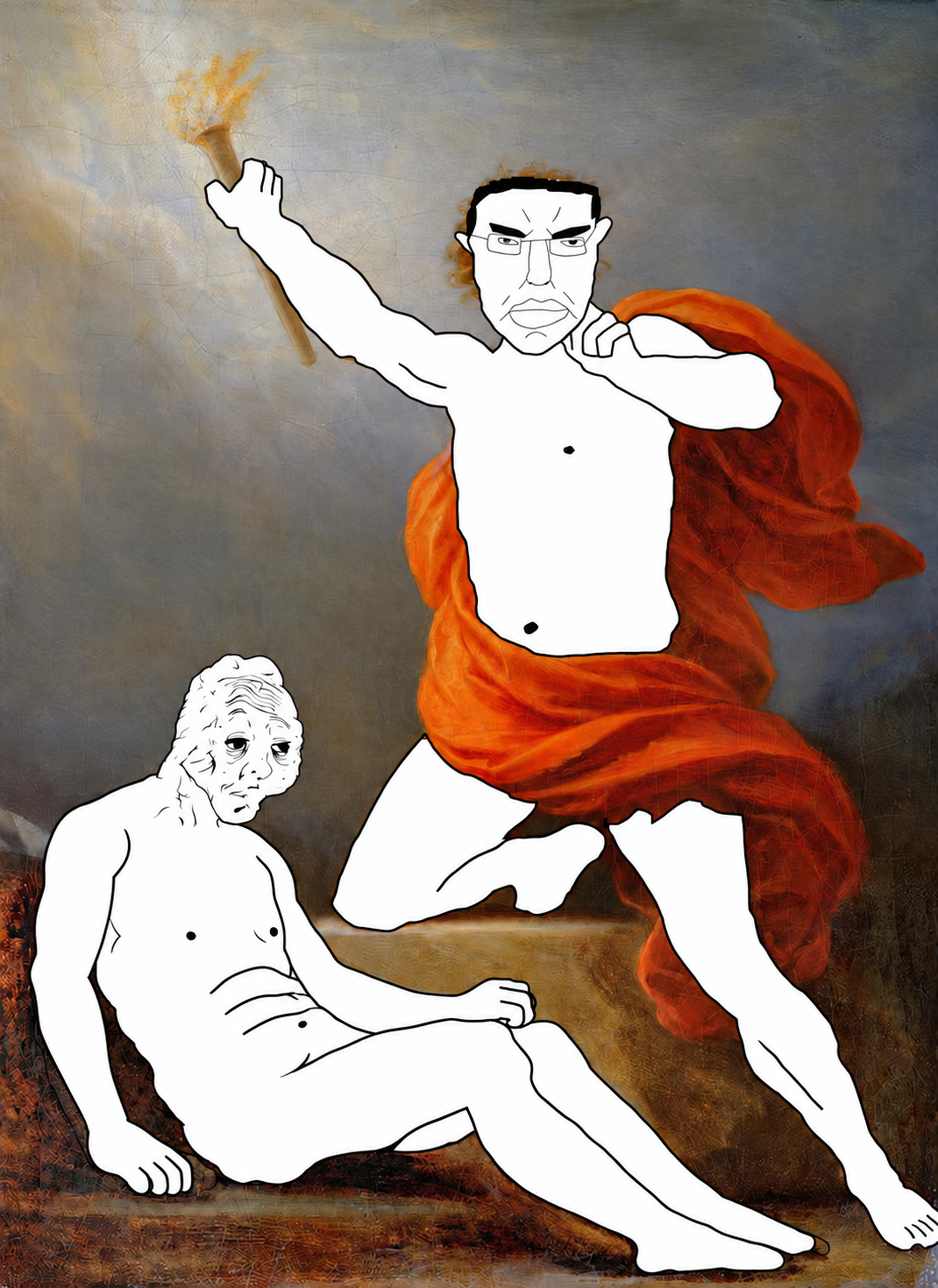 wojak, chudjak, pol face, soyified paintings, 1soyjak, bald, black eyes, black hair, closed mouth, drawn background