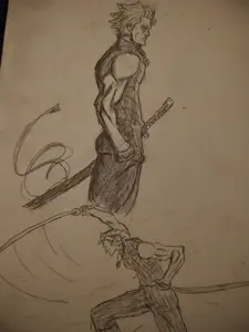 closed mouth, crouching, drawing, katana, no beard, no glasses, open eyes, side view, standing, sword