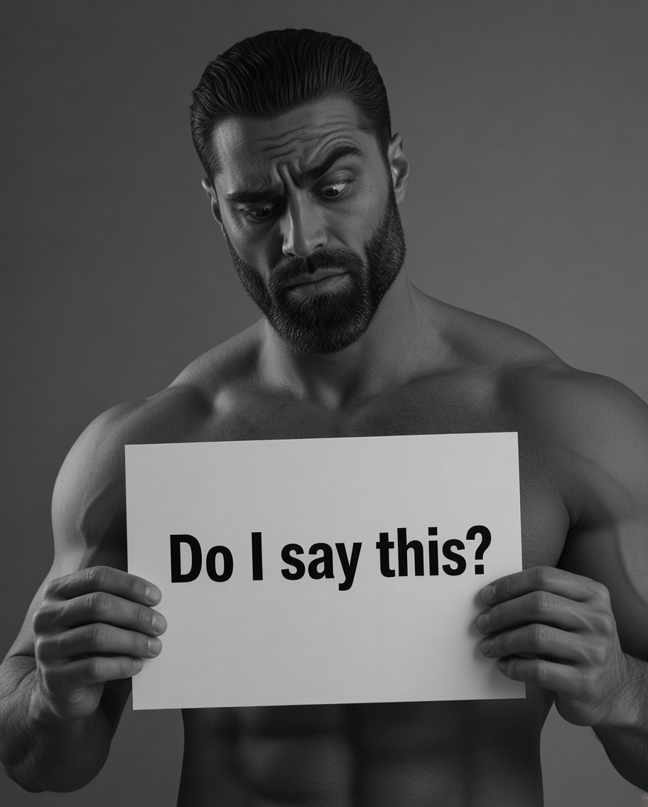 gigachad, arm, black and white, black hair, buff, closed mouth, confused, do i say this?, english text, front view