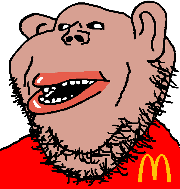 gapejak, impish soyak ears, impish amerimutt, amerimutt, fusionjaks, 1soyjak, bald, black sclera, brown skin, chin