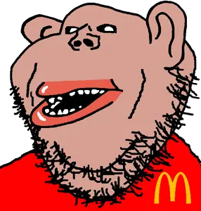 gapejak, impish soyak ears, impish amerimutt, amerimutt, fusionjaks, 1soyjak, bald, black sclera, brown skin, chin
