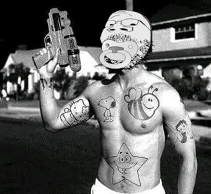 gapejak, babyjak, 1soyjak, american history x, baby, bald, black eyes, black hair, buff, caca