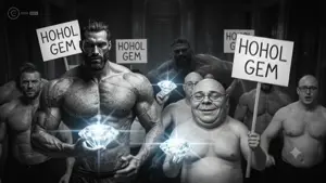 gapejak, hoholjak, wholesome soyjak, bald, black hair, buff, chubby, english text, gem, glasses