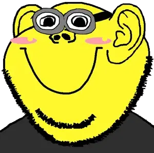 impish soyak ears, jolly soyak ears, 1soyjak, blush, closed mouth, ear, glasses, looking at you, minion, never goon