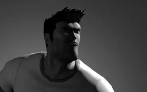gigachad, 3d model, almost full body, big buff grey man, black eyes, black hair, buff, closed mouth, gigger, gray background