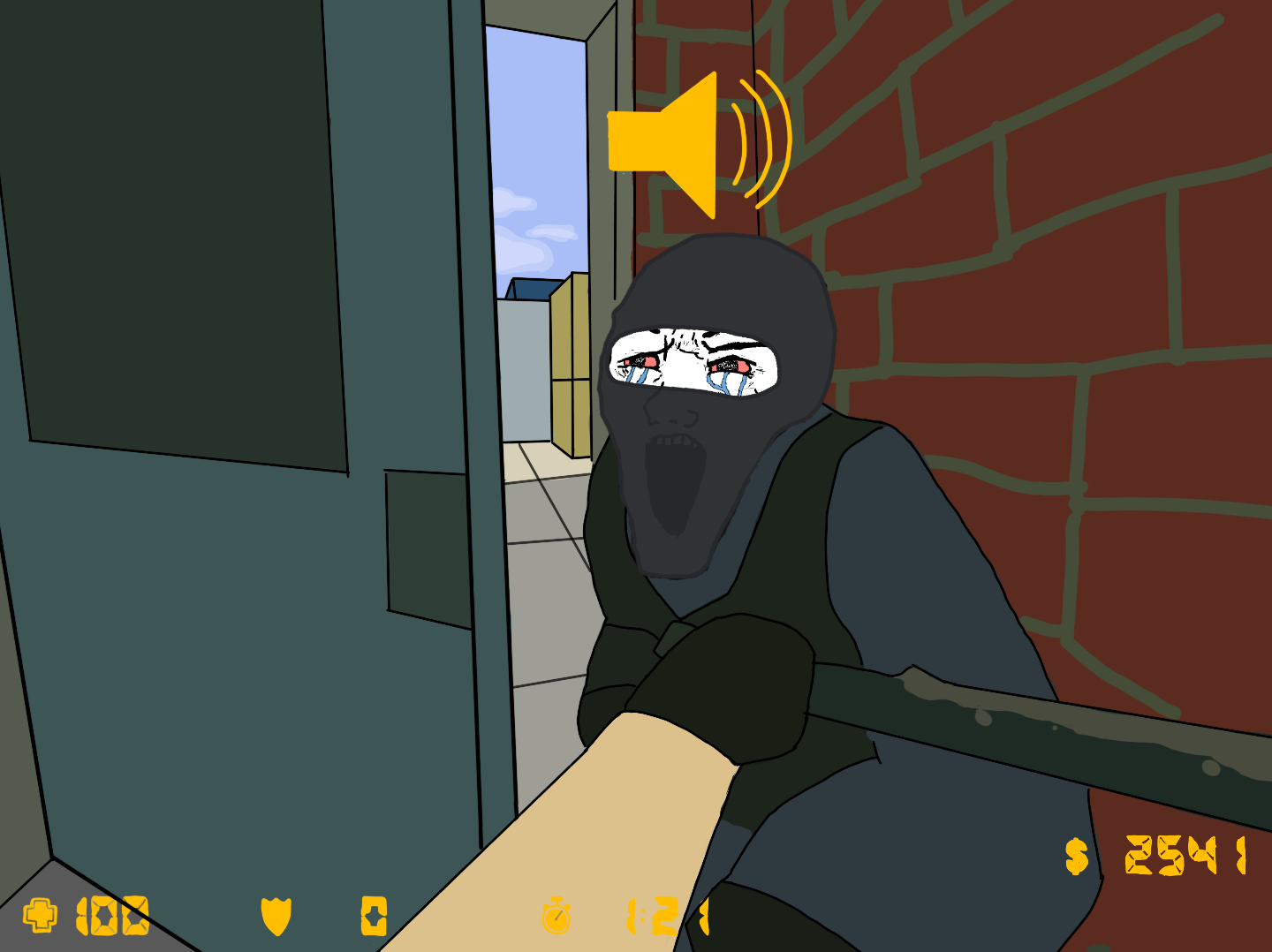 cryboy soyjak, soyak, long soyak, 1soyjak, balaclava, bald, black eyes, bloodshot eyes, blue sky, brick wall