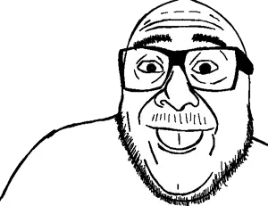 devito, 1soyjak, bald, black eyes, fat, front view, glasses, looking at you, mustache, open eyes