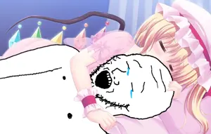 flandre scarlet, soyak, anime, arm, closed eyes, crying, open mouth, sleeping, soyjak, stubble