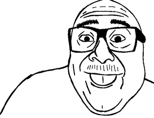 devito, 1soyjak, bald, black eyes, fat, front view, glasses, looking at you, mustache, no beard