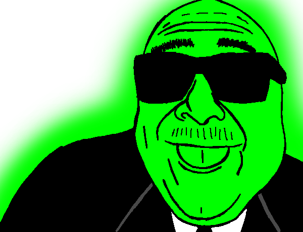 devito, glowie, 1soyjak, bald, black eyes, clothes, fat, front view, glasses, glowing