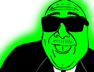 devito, glowie, 1soyjak, bald, black eyes, clothes, fat, front view, glasses, glowing