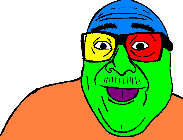devito, colorjak, 1soyjak, bald, black eyes, colorful, danny devito, fat, front view, glasses
